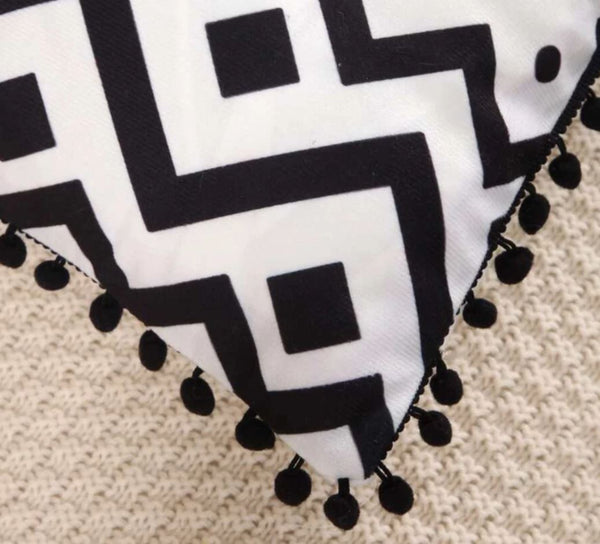 Black White Geometric Cushion Cover Chevron Pom Poms Pattern Velvet 45cm x 45 cm and 30cm x 50cm modern cosy vibes