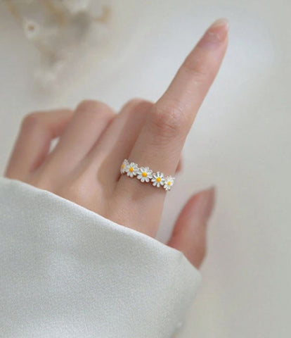 White Daisies Flower Silver Ring for Women Daisy Adjustable