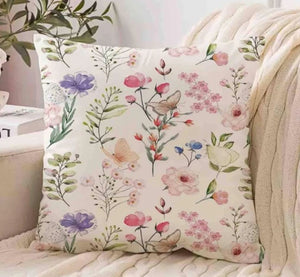 Delicate Flowers Pink Blue Yellow Velvet Cushion Cover Floral Pillow 45cm x 45 cm Square UK floral botanic botanical butterfly