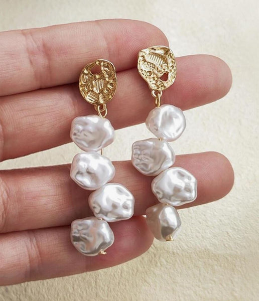 Irregular Shaped Pearls and Gold Drop Earrings for Women