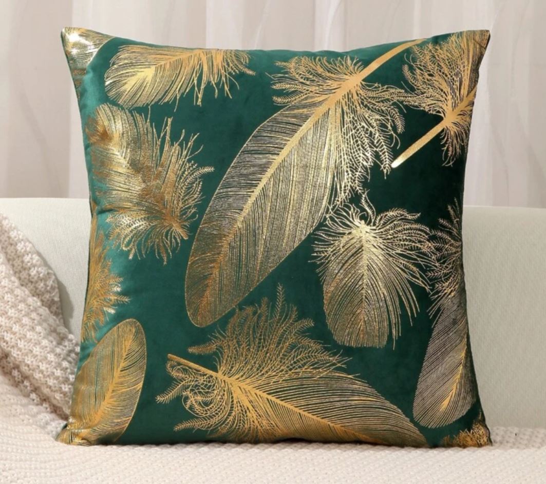 Cushion Cover Green Velvet Gold Feathers Print Pillow 45cm x 45 cm UK