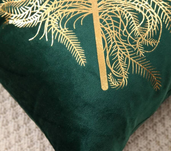 Cushion Cover Green Velvet Gold Feather Print Pillow case 45cm x 45 cm UK housewarming leaf home house decor contemporary modern