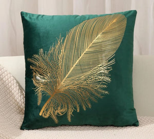 Cushion Cover Green Velvet Gold Feather Print Pillow case 45cm x 45 cm UK housewarming leaf home house decor contemporary modern