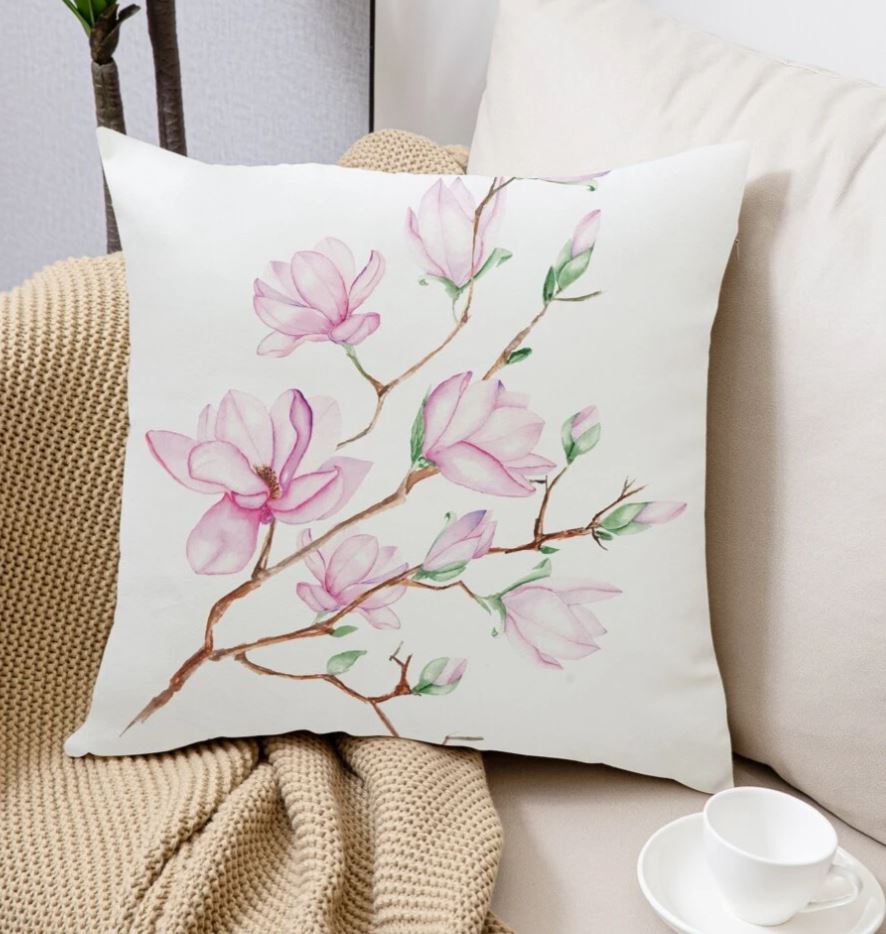 Magnolia Tree Soft Velvet Cushion Cover Floral Pink & White Pillow 45cm x 45 cm UK magnolias branch
