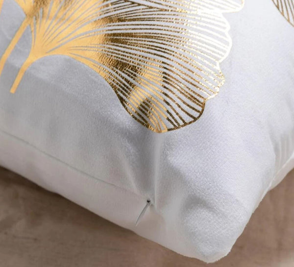 Metallic Gold Print Leaves Cushion Cover Velvet Pillow 45cm x 45 cm UK Ginkgo Biloba home house decor housewarming modern chic contemporary