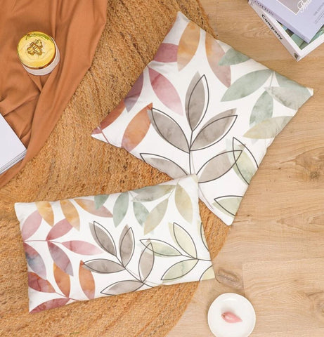 Multicolored Leaves Cushion Cover Chic Pattern 45cm x 45 cm and 30cm x 50cm pastel watercolor