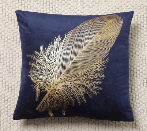 Cushion Cover Navy Velvet Gold Feather Print Pillow case 45cm x 45 cm UK housewarming leaf home house decor contemporary modern