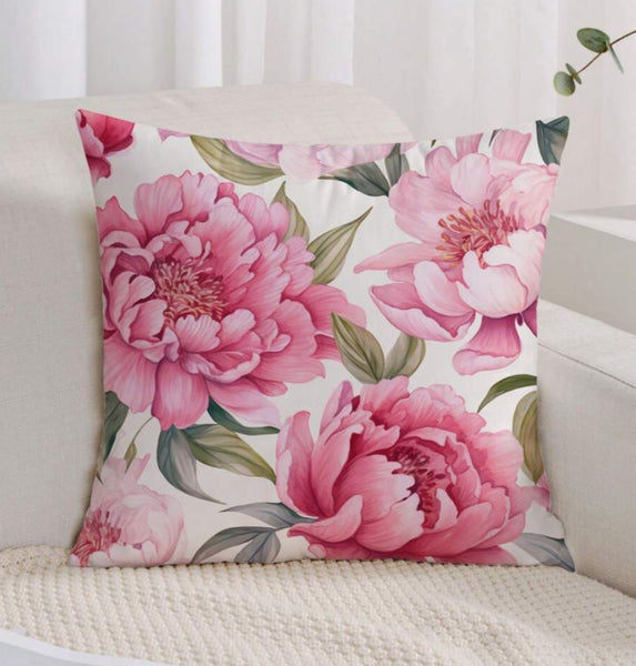 Watercolor Peonies Floral leaves Blush Hot Pink Peony Velvet Cushion Cover Floral Pillow 45cm x 45 cm UK flowers botanic botanical peony blush case