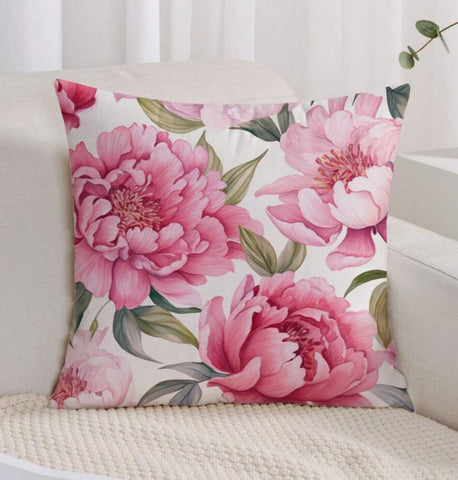 Watercolor Peonies Floral leaves Blush Hot Pink Peony Velvet Cushion Cover Floral Pillow 45cm x 45 cm UK flowers botanic botanical peony blush case