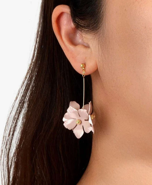 Dusty Pink Flowers Gold Drop Earrings for Women