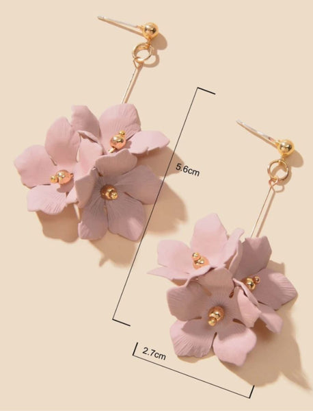 Dusty Pink Flowers Gold Drop Earrings for Women