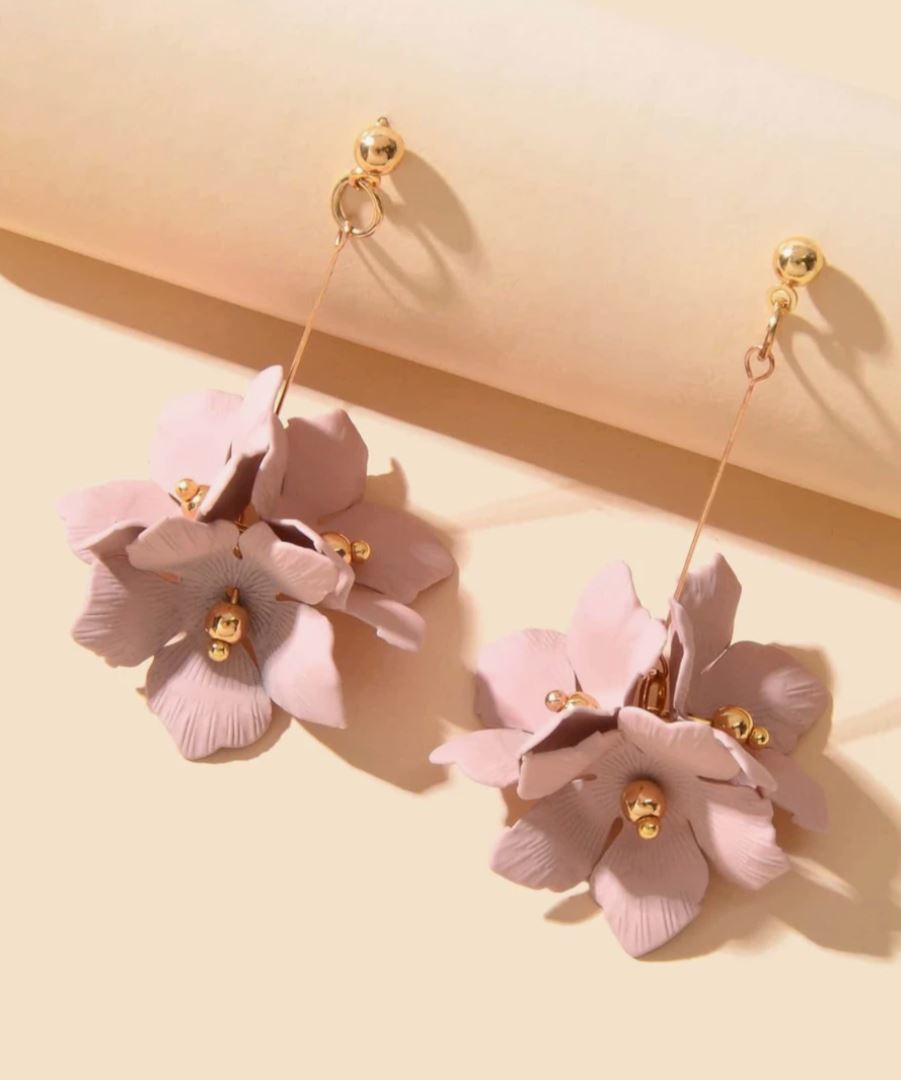 Dusty Pink Flowers Gold Drop Earrings for Women