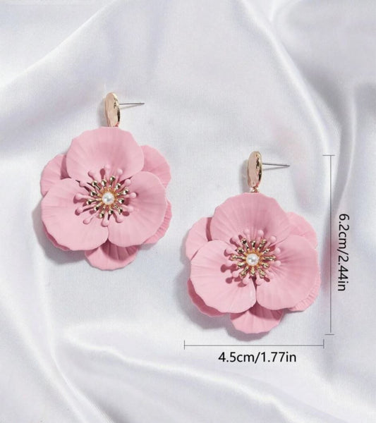 Pink Flower Gold Studs Earrings for Women