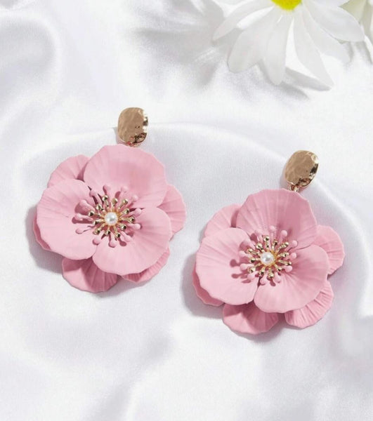 Pink Flower Gold Studs Earrings for Women