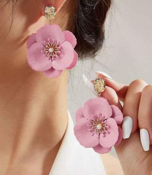 Pink Flower Gold Studs Earrings for Women