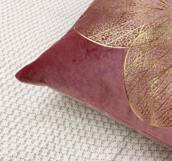 Cushion Cover Dusty Pink Velvet Gold Leaf Print Pillow 45cm x 45 cm UK