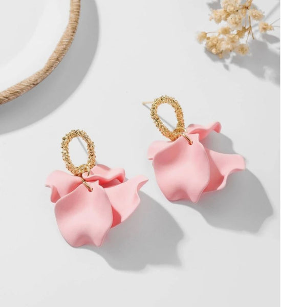 Pink Flower Petals Gold Earrings