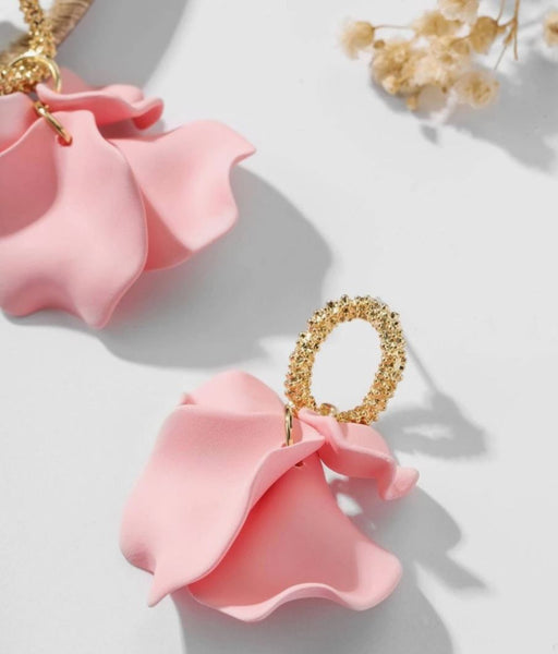 Pink Flower Petals Gold Earrings