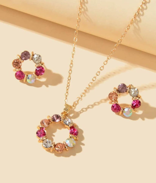 Set of Earrings and Necklace Pink Rhinestones Gold Earrings for Women