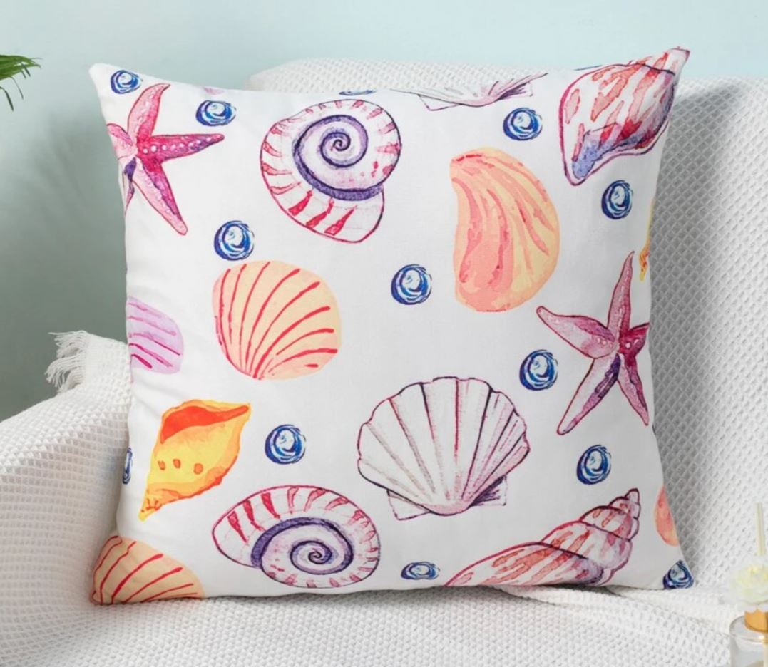 Watercolor Shells Sea Summer vibes Purple Yellow Velvet Cushion Cover Floral Pillow 45cm x 45 cm UK shell starshell
