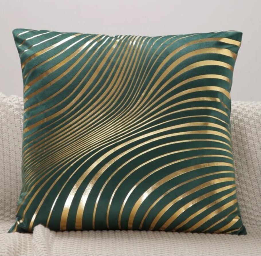 Cushion Cover Green Velvet Gold Waves Print Pillow 45cm x 45 cm UK