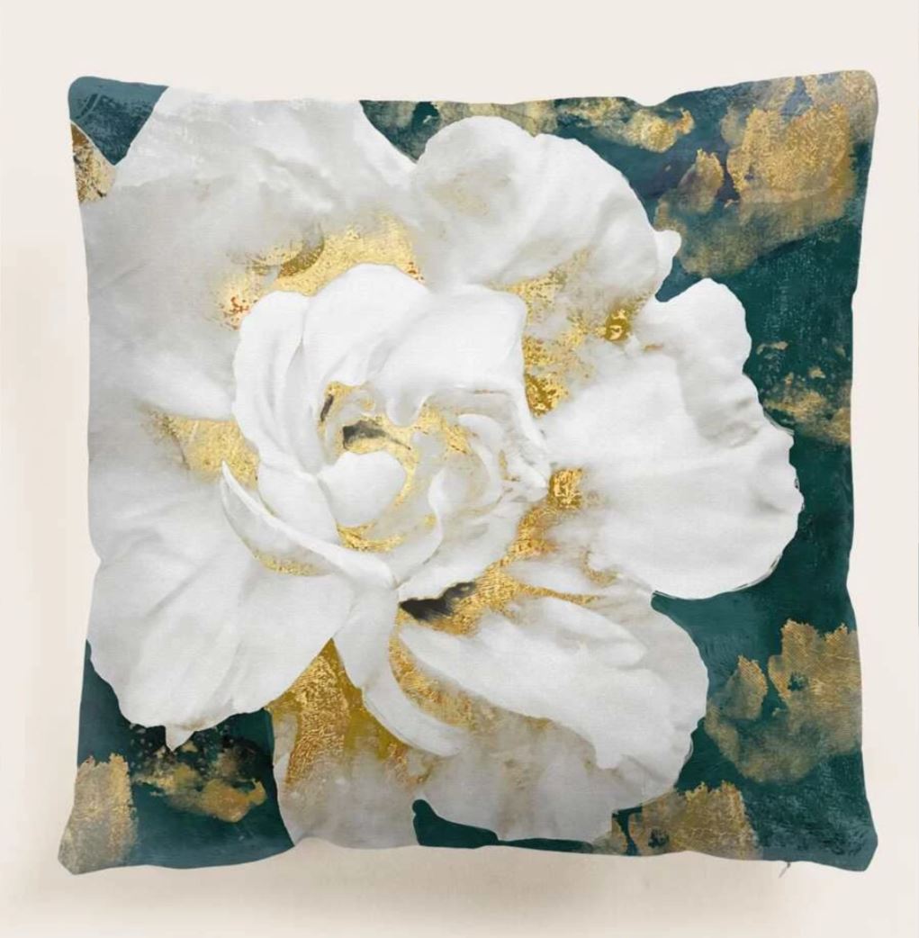 Watercolor White Flower Green Gold Print Velvet Cushion cover 45cm x 45cm nature natural chic