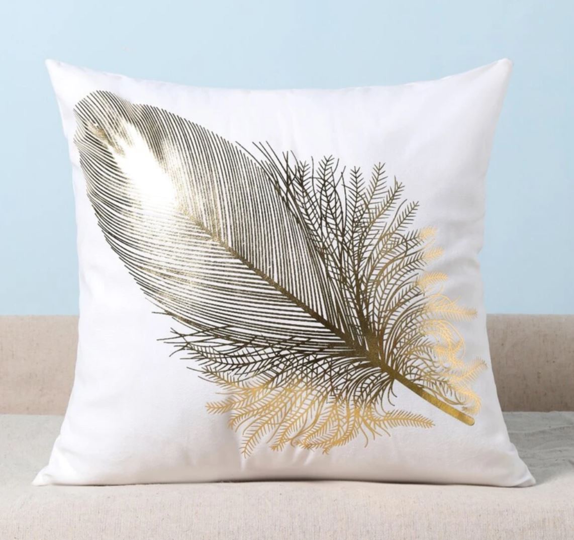 Cushion Cover White Velvet Gold Feather Print Pillow case 45cm x 45 cm UK housewarming leaf home house decor contemporary modern