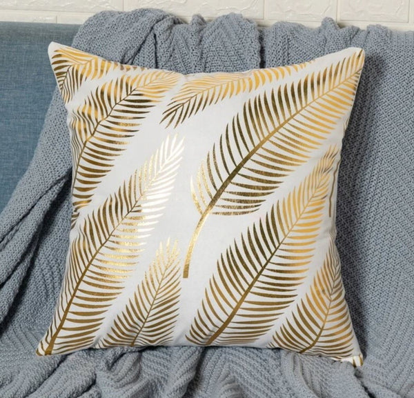 Cushion Cover White Velvet Gold Leaves Print Pillow 45cm x 45 cm UK leaf