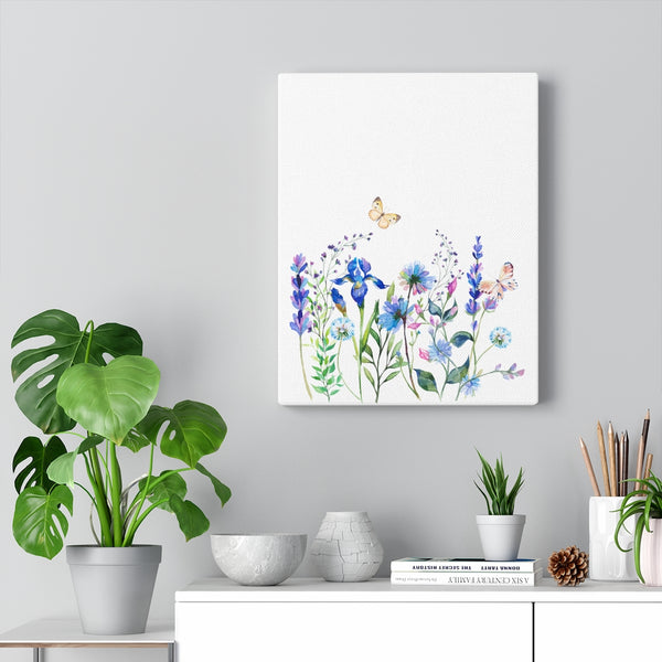 Blue Floral Meadow Botanical Watercolor Stretched Canvas