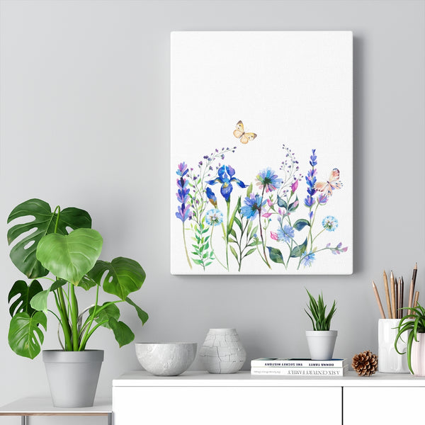 Blue Floral Meadow Botanical Watercolor Stretched Canvas