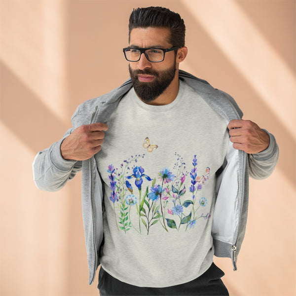 Blue Floral Meadow Unisex Premium Crewneck Sweatshirt Marvelous Studio